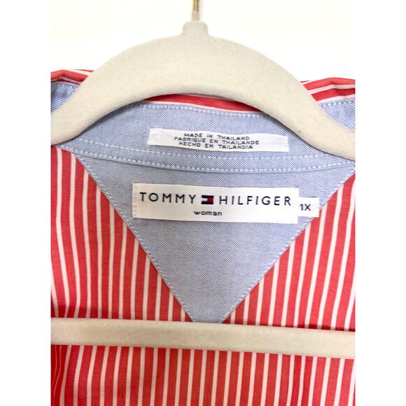 Tommy Hilfiger Red White Stripe Wrap Blouse Womens 1X Cotton Long Sleeve Preppy - Picture 5 of 12